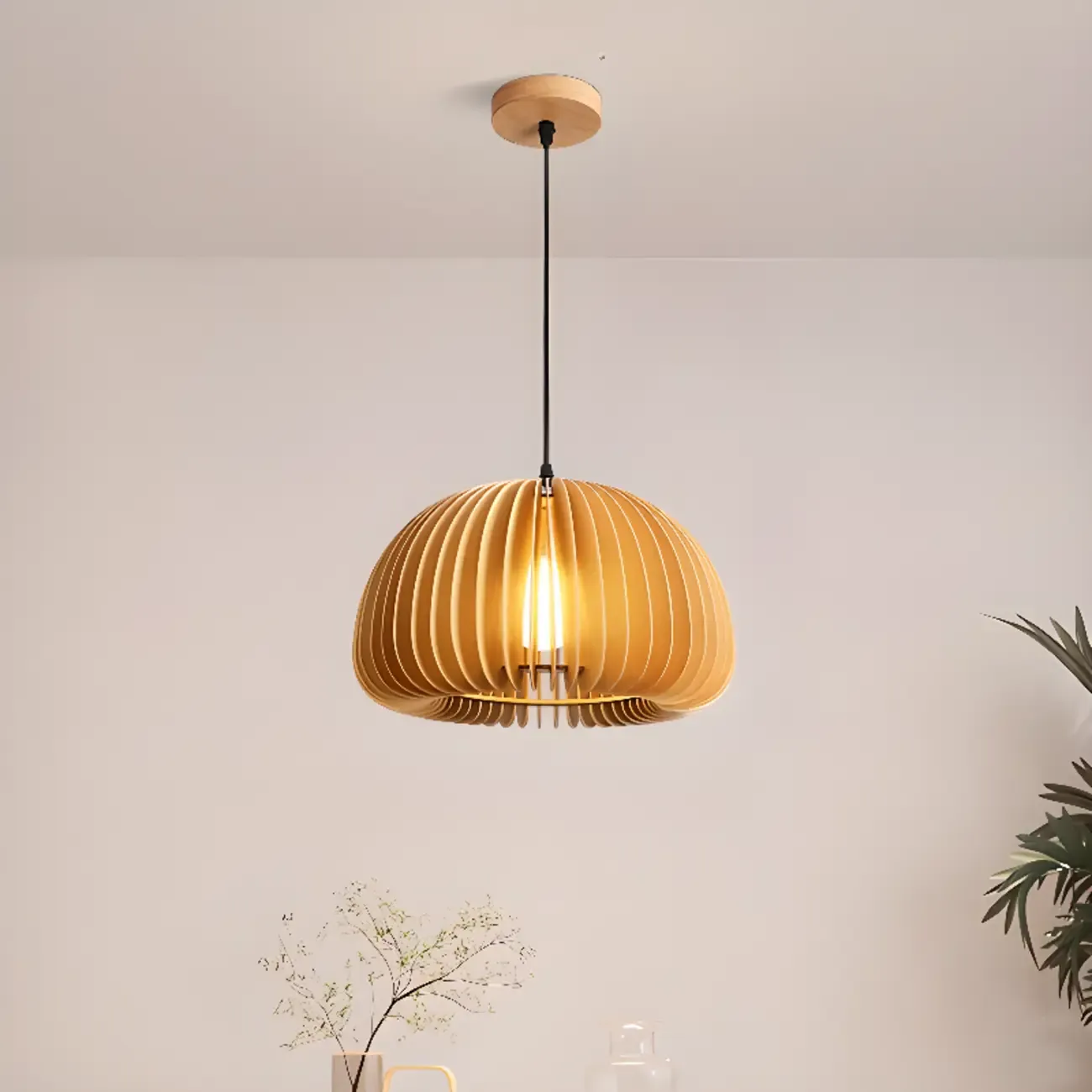 Japanese Style Hollowed Wood Pendant Light with Modern Design for Home Decor Image - 5