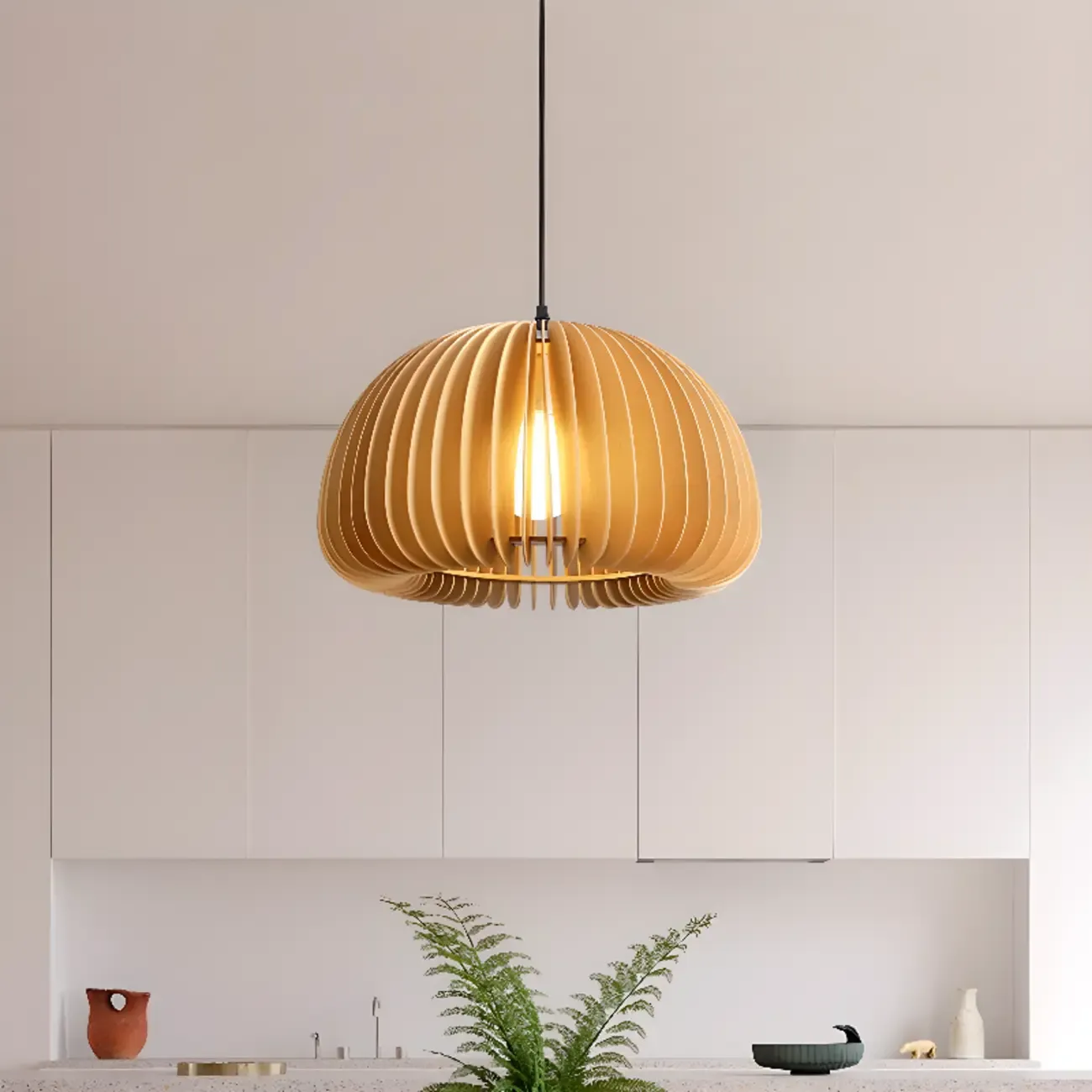 Japanese Style Hollowed Wood Pendant Light with Modern Design for Home Decor Image - 6
