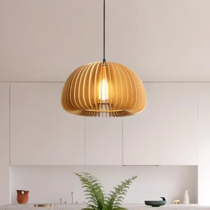 Japanese Style Hollowed Wood Pendant Light with Modern Design for Home Decor Image - 6