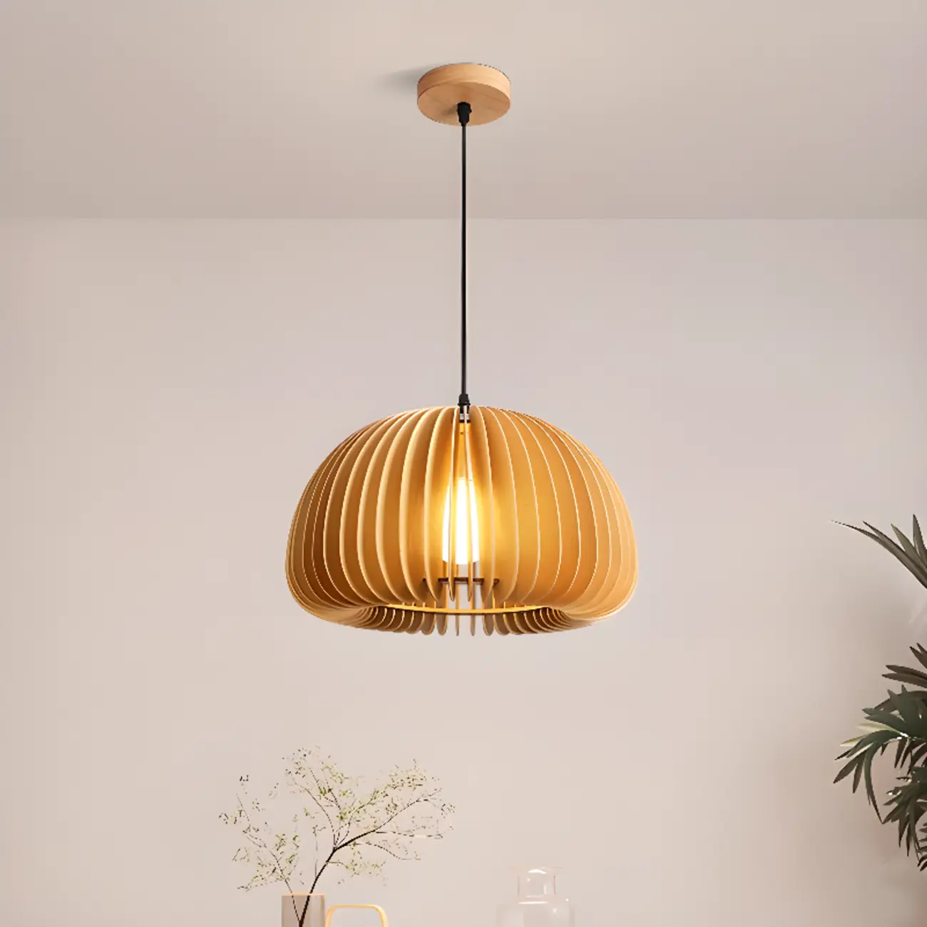 Japanese Style Hollowed Wood Pendant Light with Modern Design for Home Decor Image - 7 | homeyfad