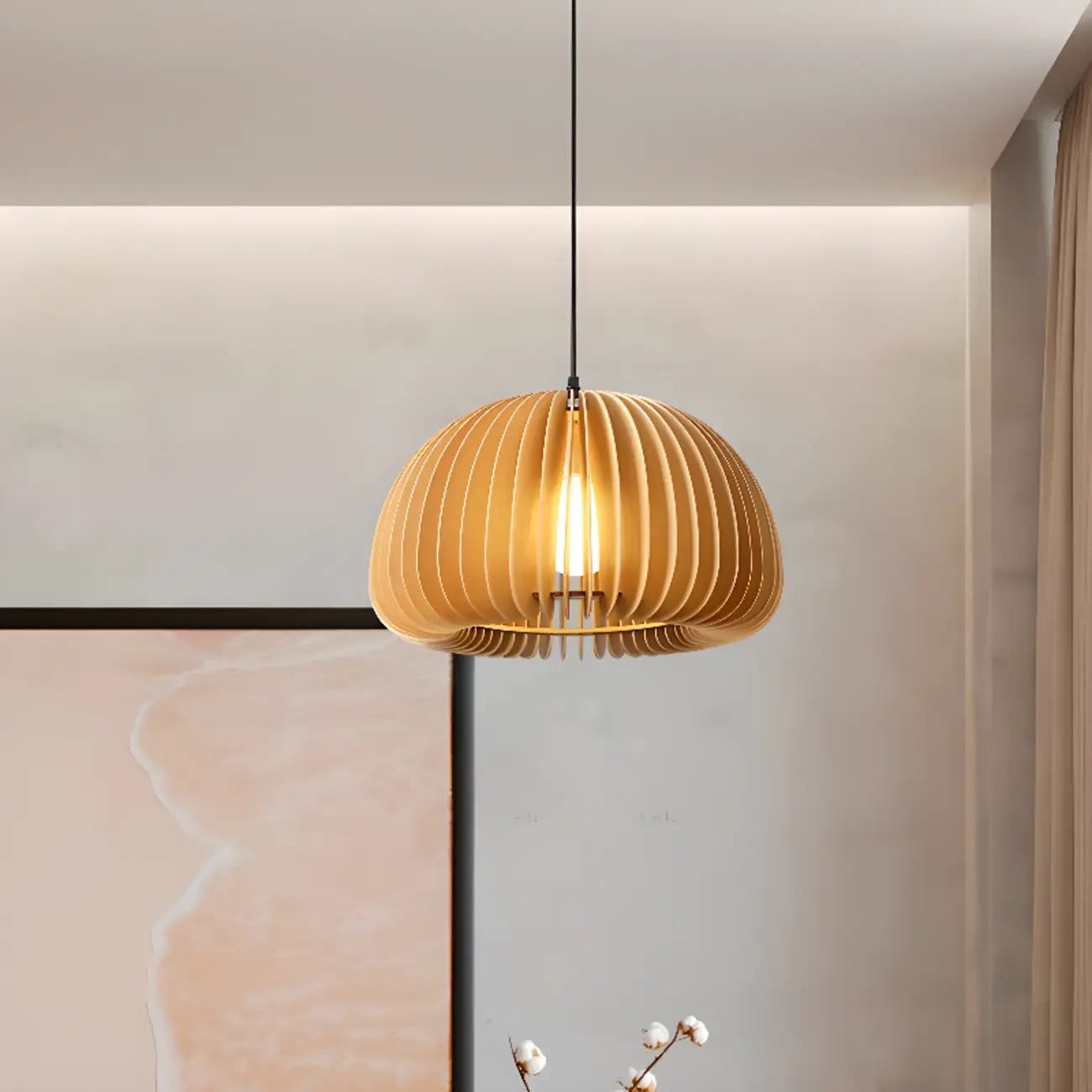 Japanese Style Hollowed Wood Pendant Light with Modern Design for Home Decor Image - 8 | homeyfad