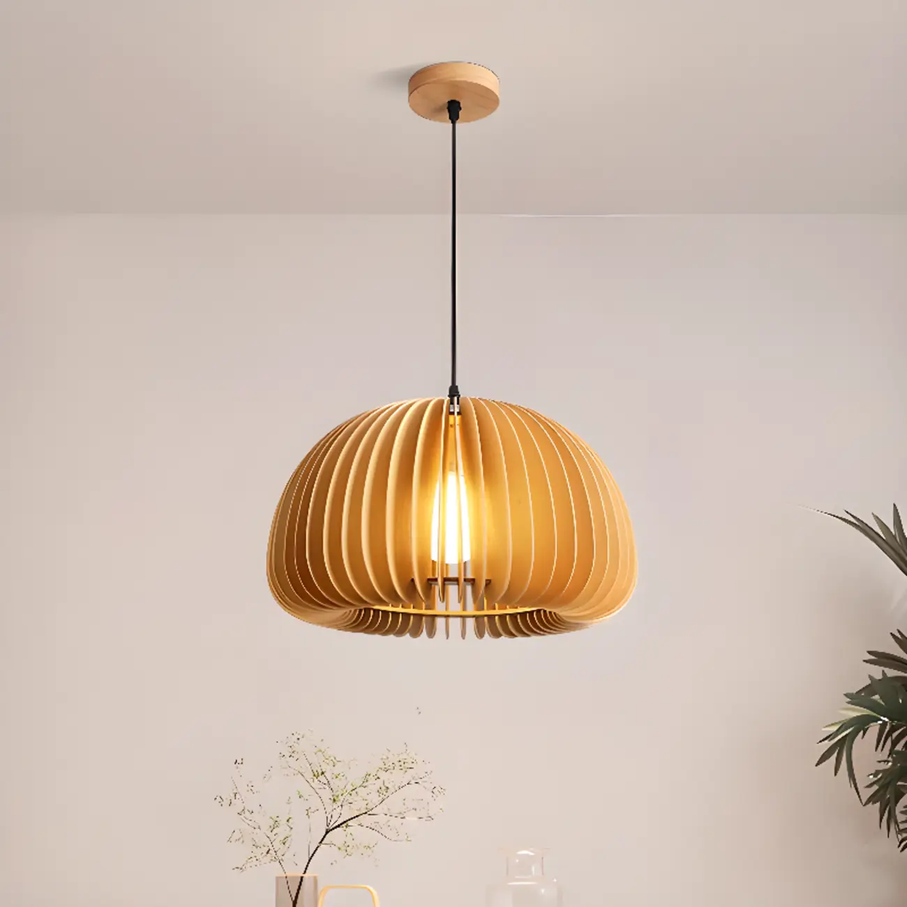 Japanese Style Hollowed Wood Pendant Light with Modern Design for Home Decor Image - 9 | homeyfad