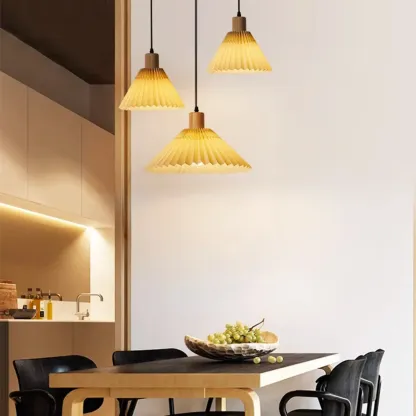 Modern Fabric Pleated Pendant Light with Beige Shade Image - 1