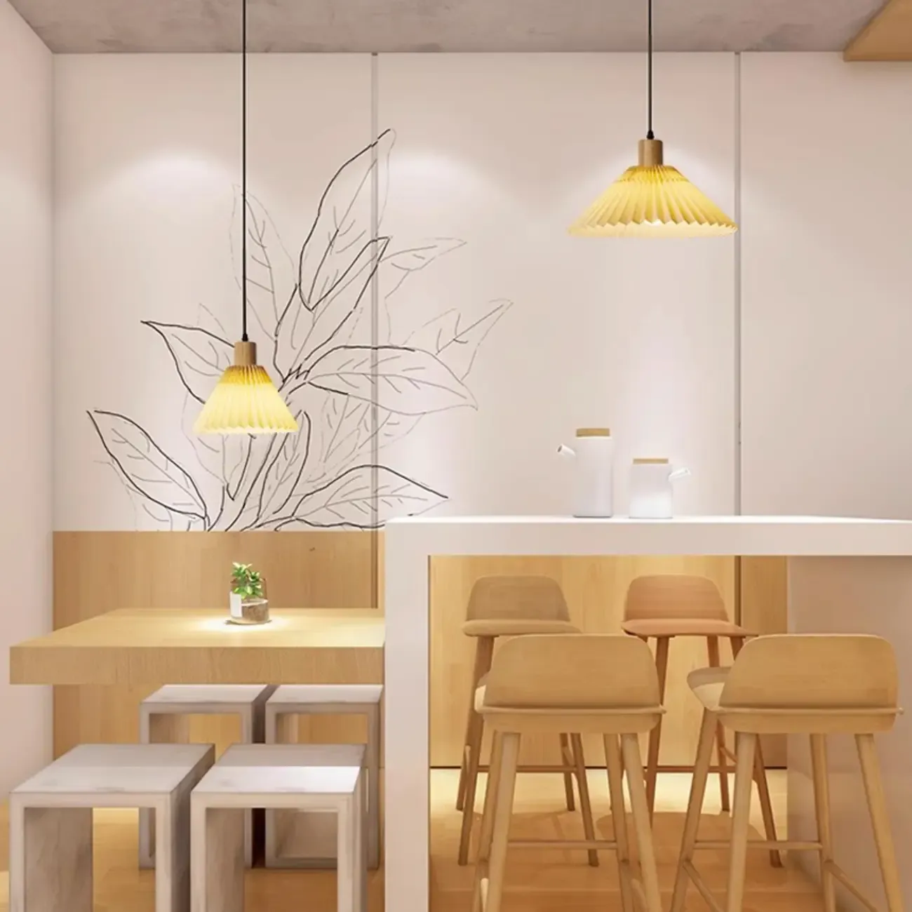 Modern Fabric Pleated Pendant Light with Beige Shade Image - 3