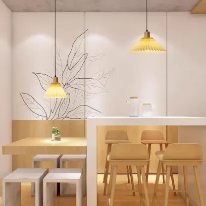 Modern Fabric Pleated Pendant Light with Beige Shade Image - 3