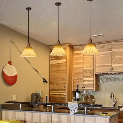 Modern Fabric Pleated Pendant Light with Beige Shade Image - 5
