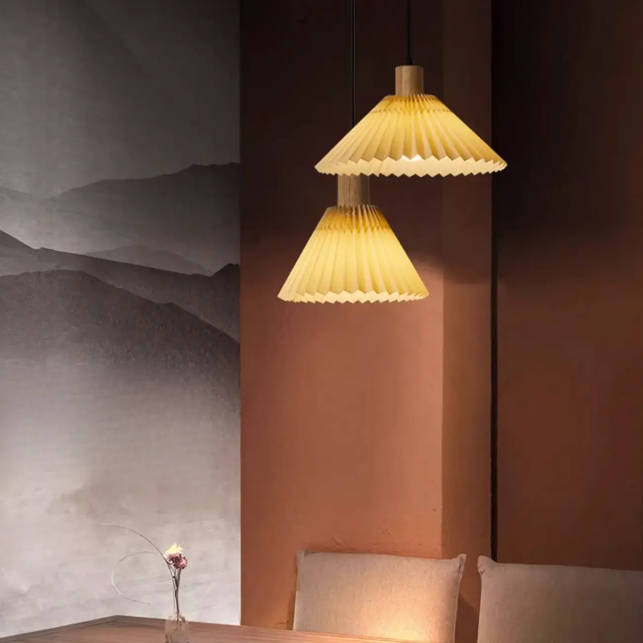 Modern Fabric Pleated Pendant Light with Beige Shade Image - 8