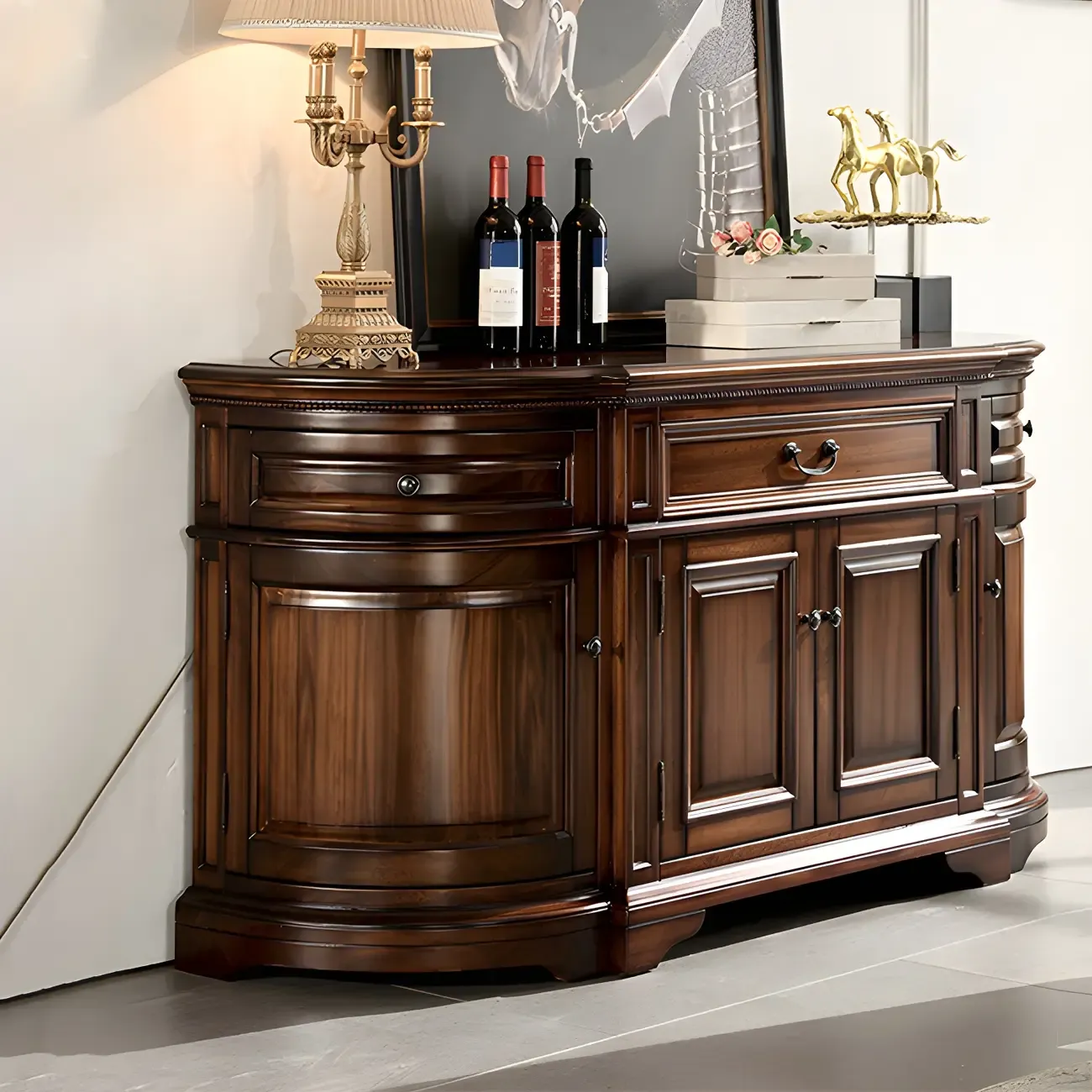 Traditional Brown Wooden Sideboard with Drawers and Cabinets Image - 3