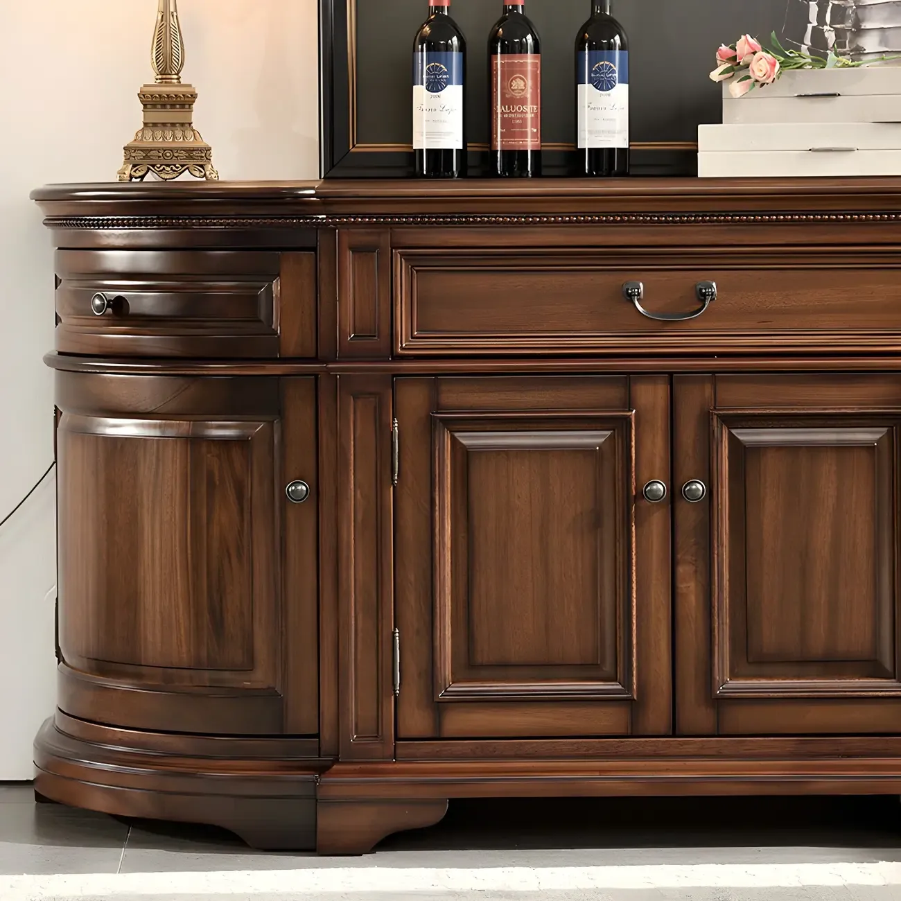 Traditional Brown Wooden Sideboard with Drawers and Cabinets Image - 8