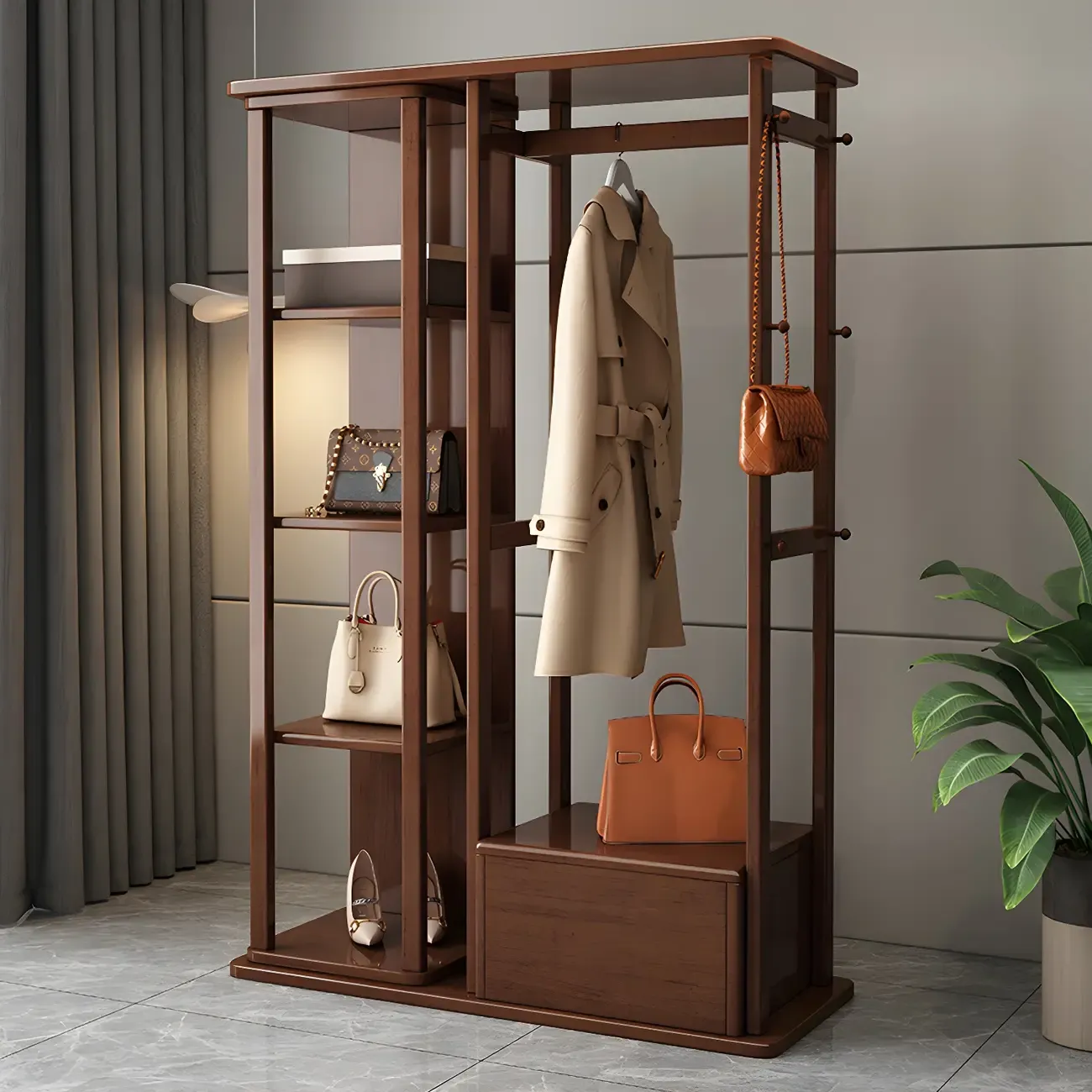 Oriental Wooden Hall Tree with Mirror and Bench Image - 2