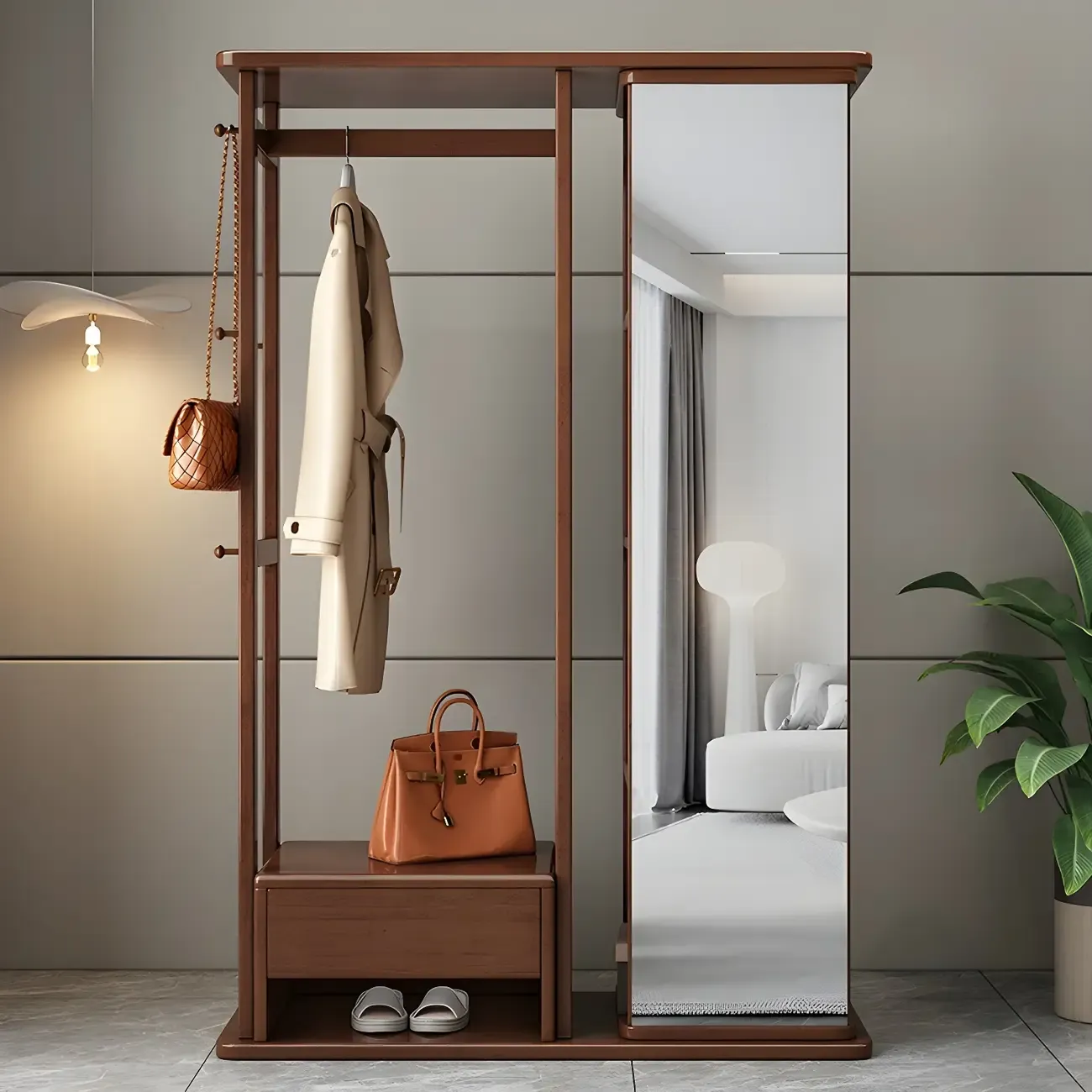 Oriental Wooden Hall Tree with Mirror and Bench Image - 3