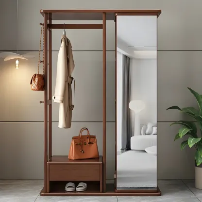 Oriental Wooden Hall Tree with Mirror and Bench Image - 3