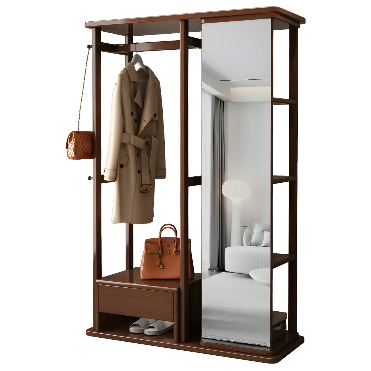 Oriental Wooden Hall Tree with Mirror and Bench Image - 5