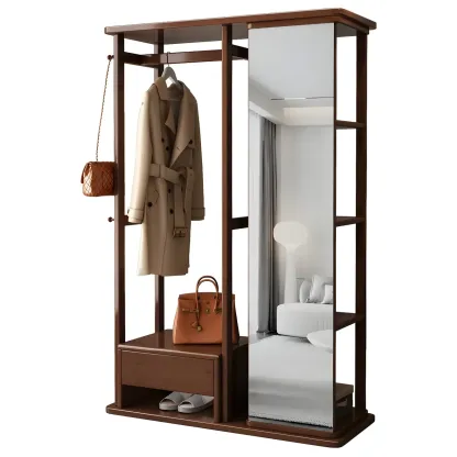 Oriental Wooden Hall Tree with Mirror and Bench Image - 5