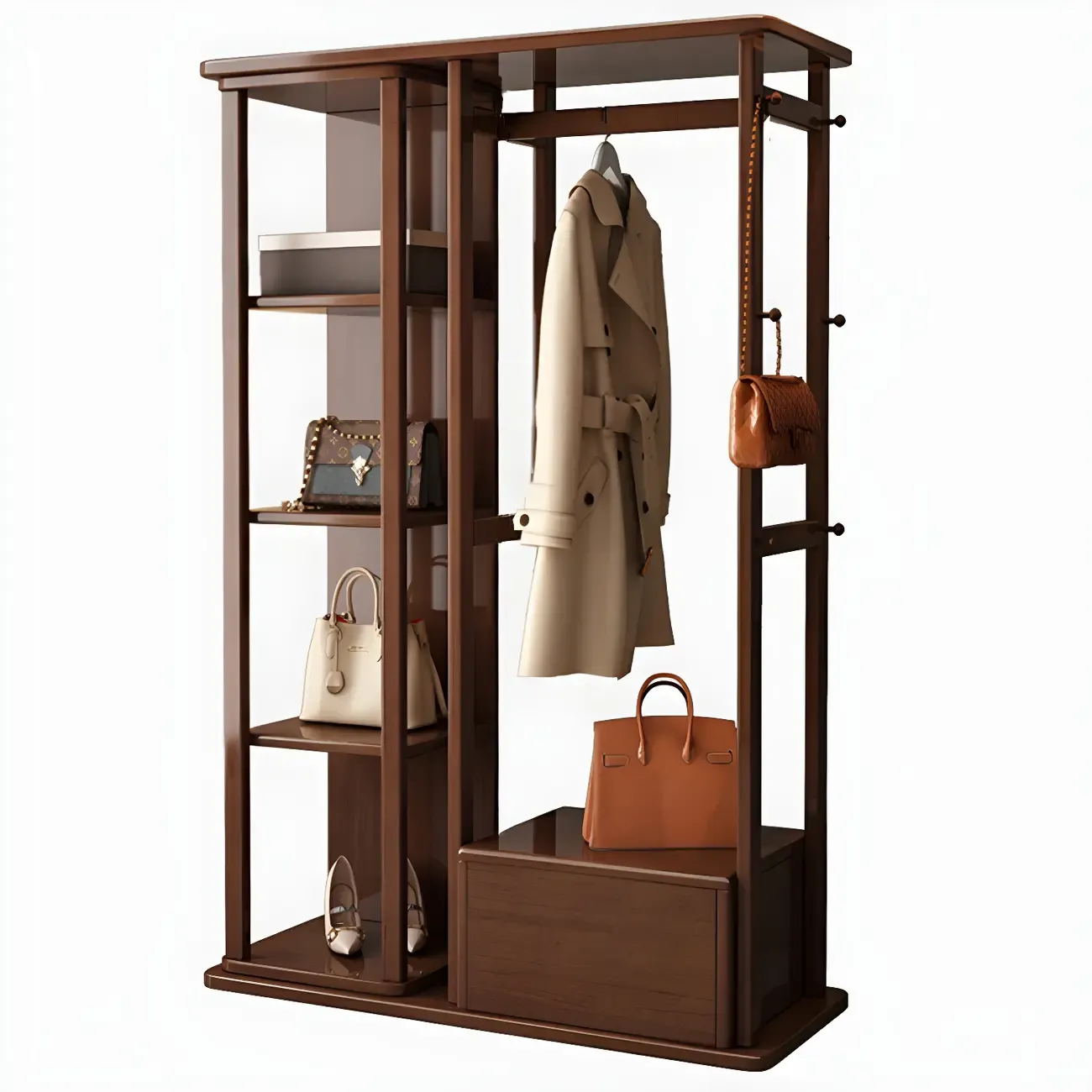 Oriental Wooden Hall Tree with Mirror and Bench Image - 10
