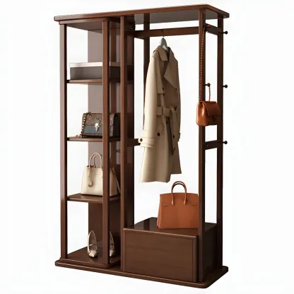 Oriental Wooden Hall Tree with Mirror and Bench Image - 10