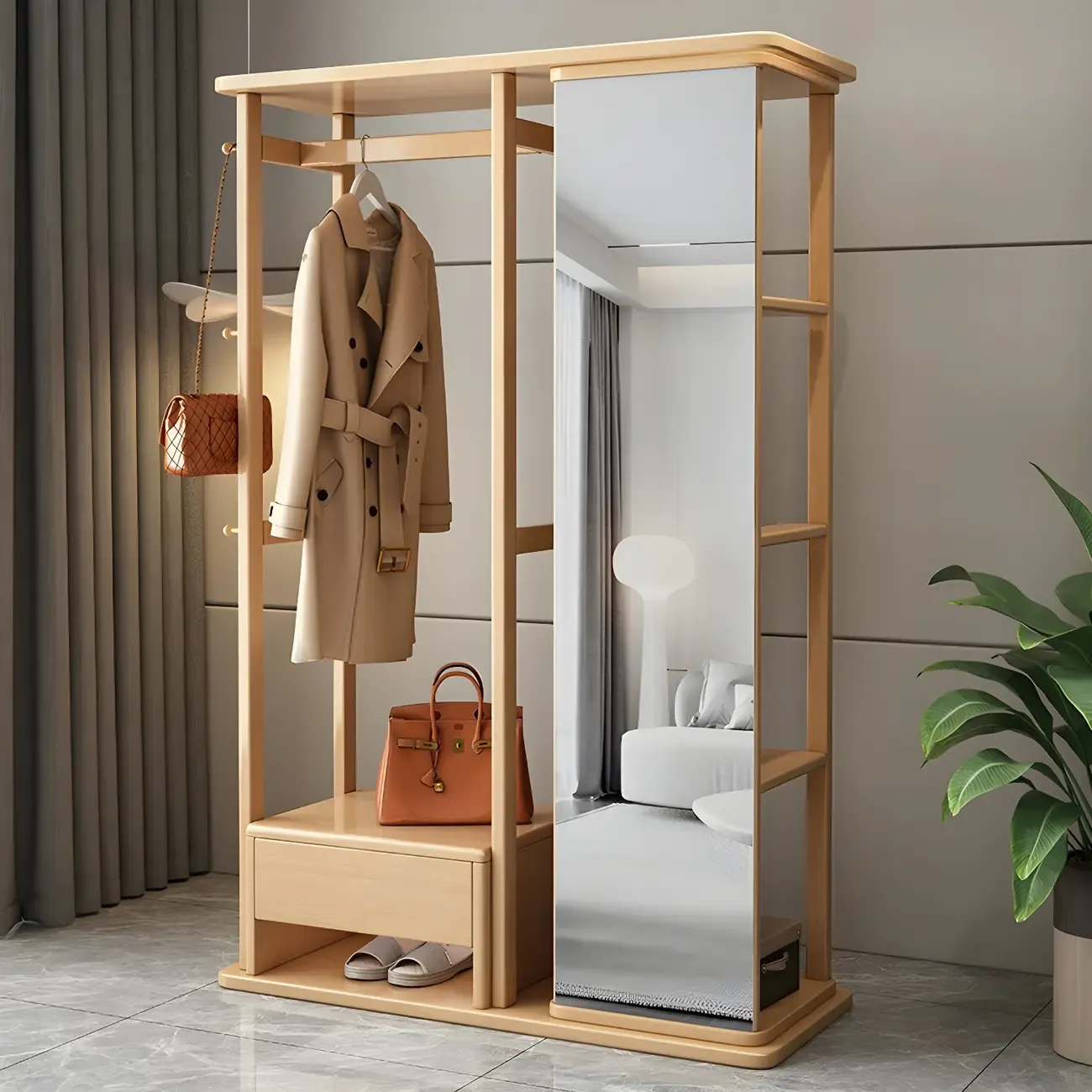 Oriental Wooden Hall Tree with Mirror and Bench Image - 12