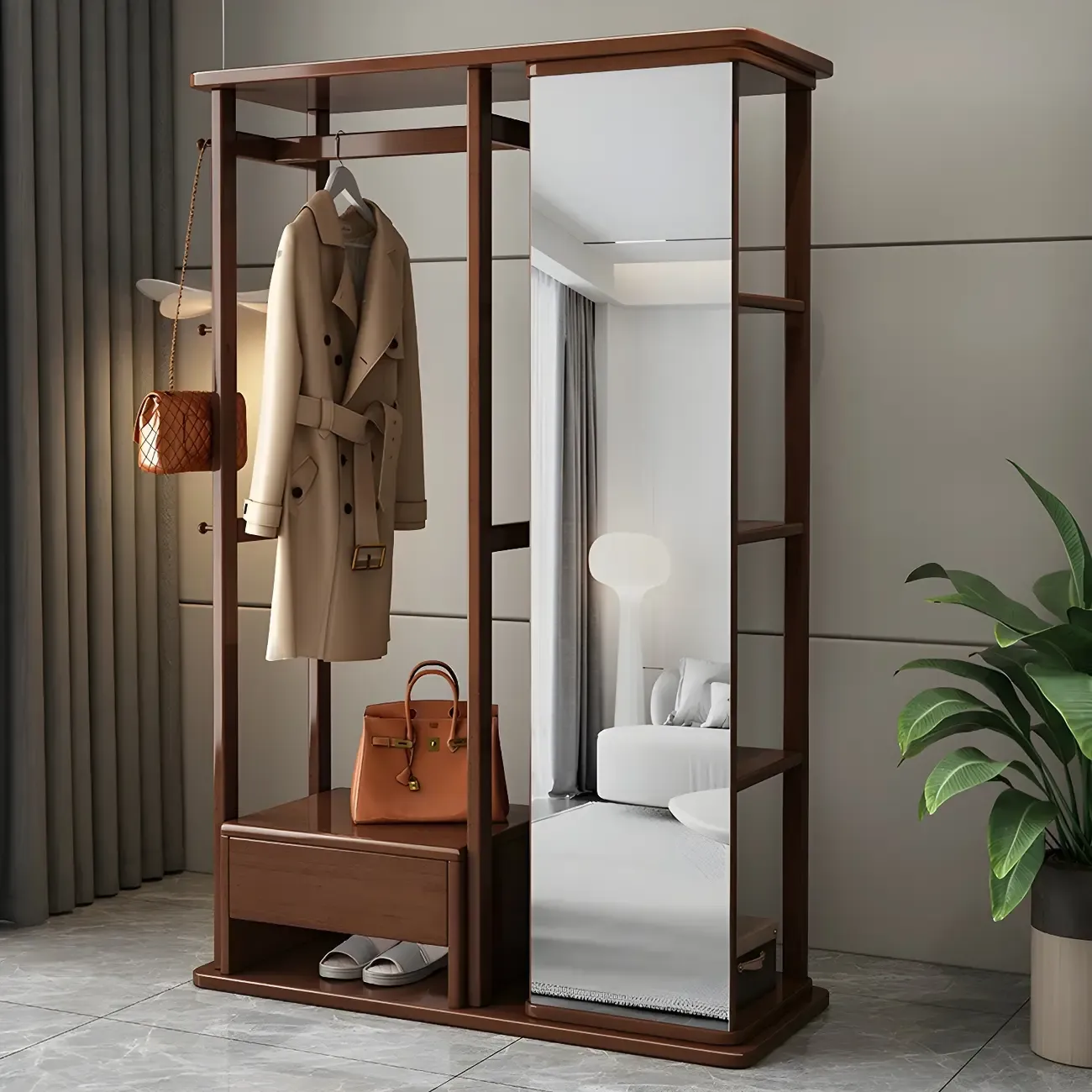 Oriental Wooden Hall Tree with Mirror and Bench Image - 13