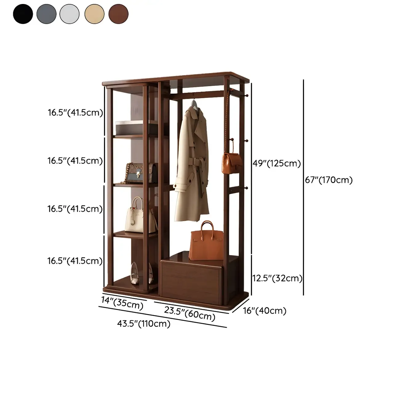 Oriental Wooden Hall Tree with Mirror and Bench #size