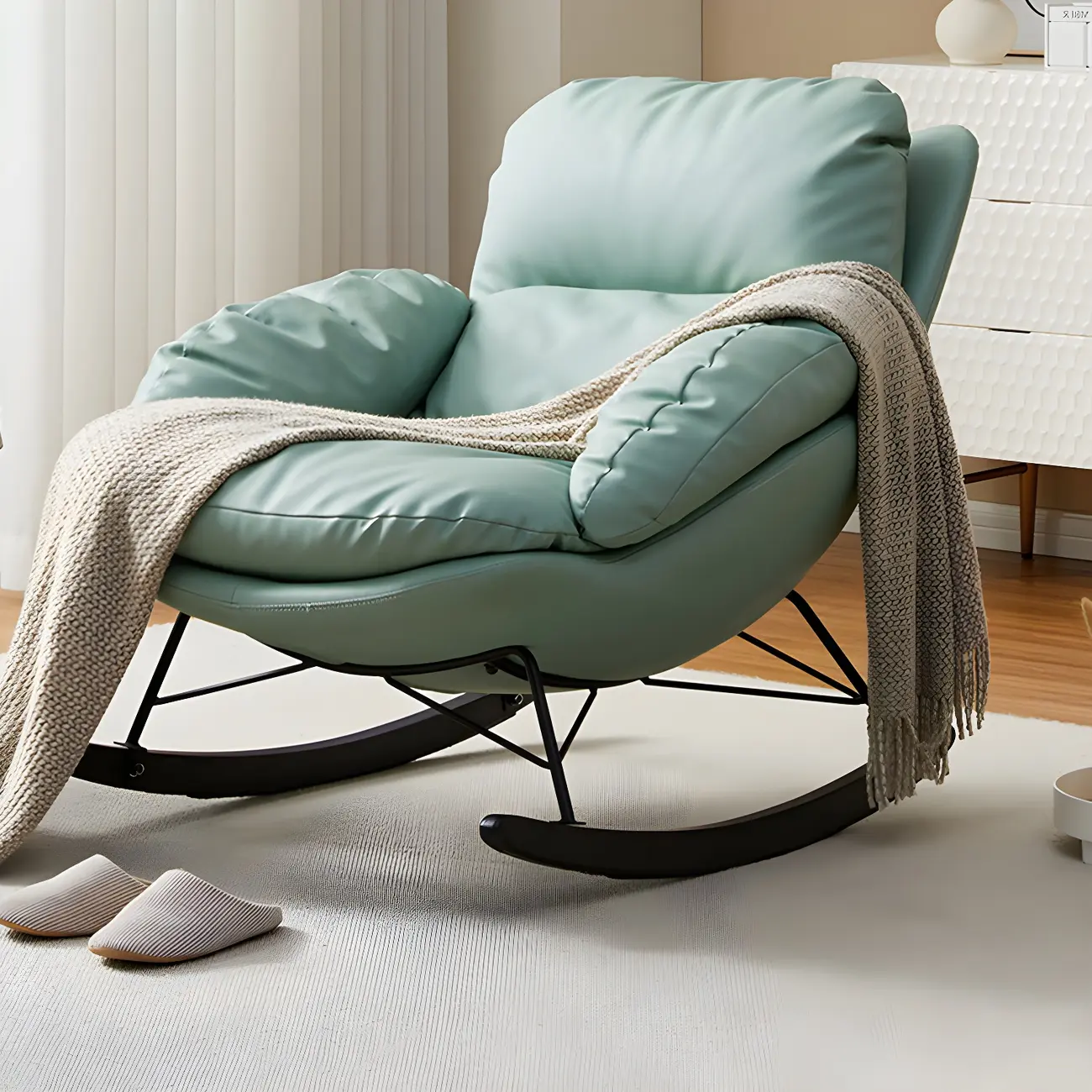 Modern Blue Leather Upholstered Rocking Chair for Indoor Image - 2 | homeyfad