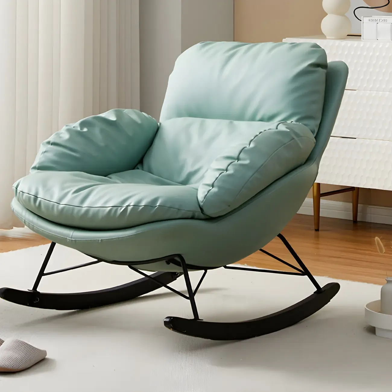 Modern Blue Leather Upholstered Rocking Chair for Indoor Image - 3