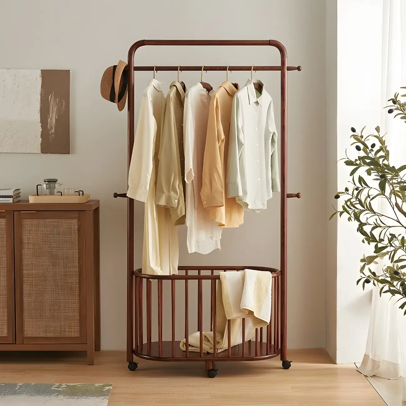 4/9 Hooks Brown Wooden Coat Rack with Storage Image - 1