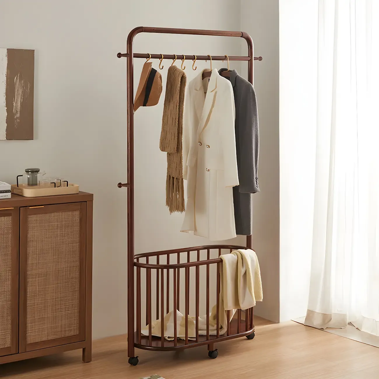 4/9 Hooks Brown Wooden Coat Rack with Storage Image - 4