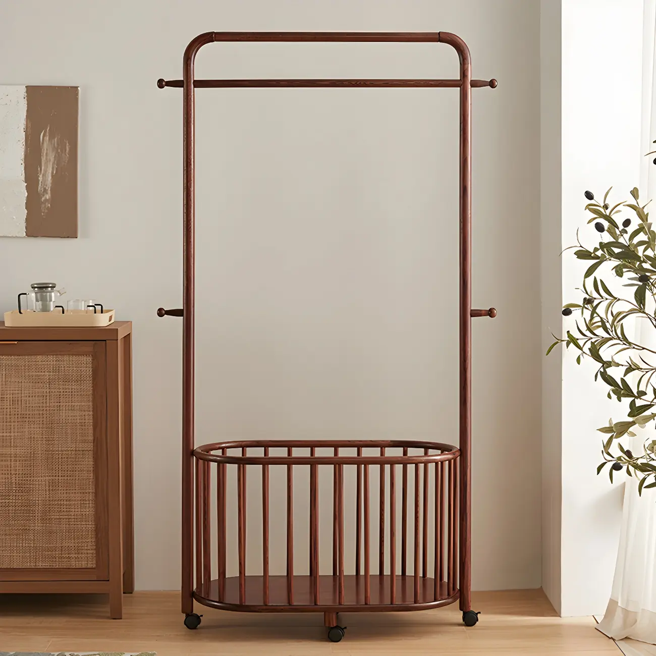 4/9 Hooks Brown Wooden Coat Rack with Storage Image - 6 | homeyfad