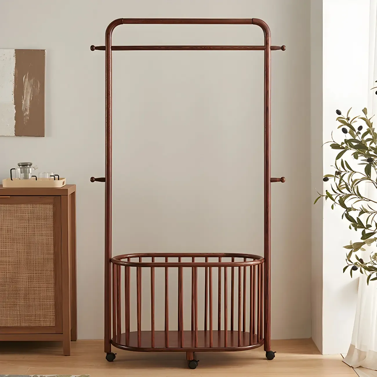 4/9 Hooks Brown Wooden Coat Rack with Storage Image - 6