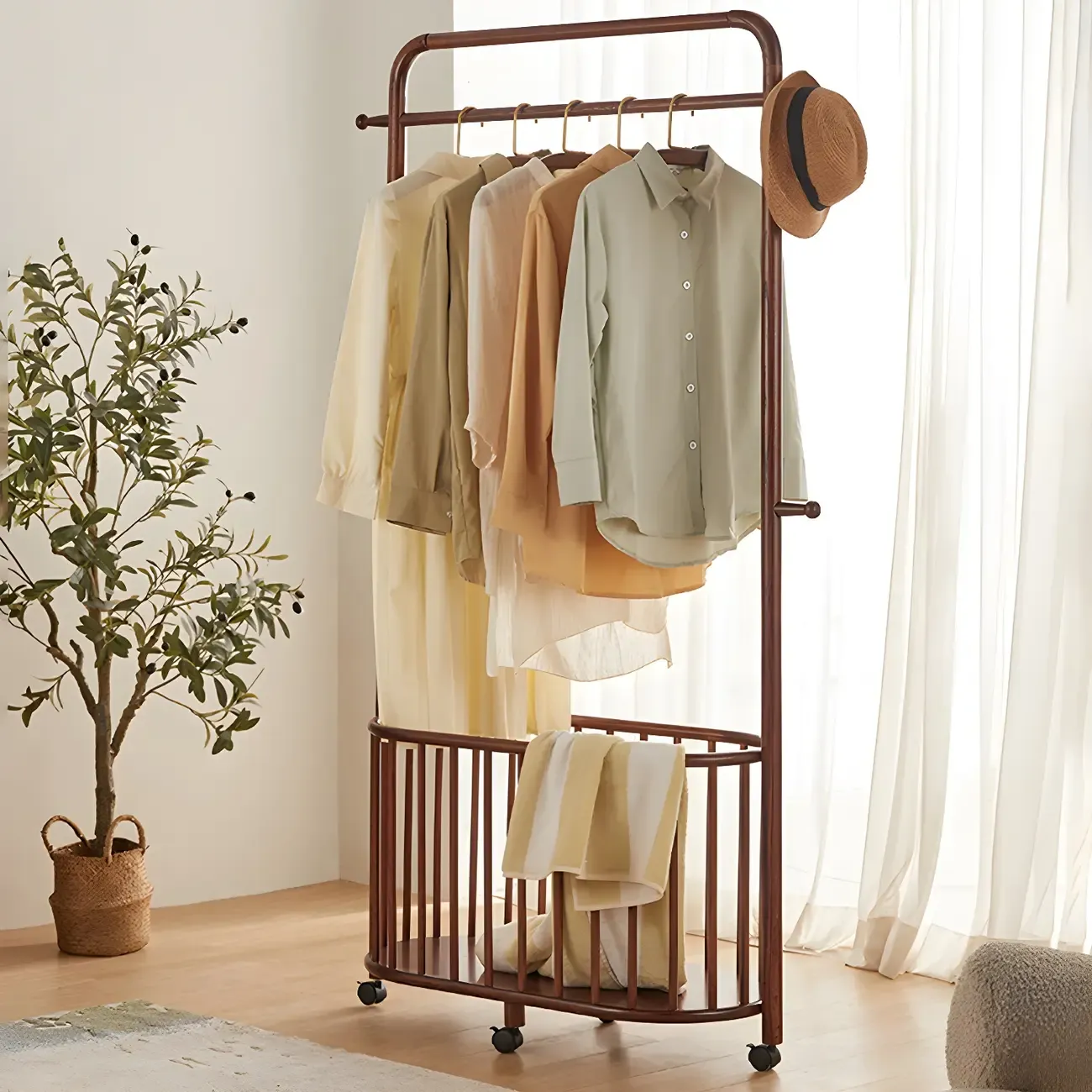 4/9 Hooks Brown Wooden Coat Rack with Storage Image - 8