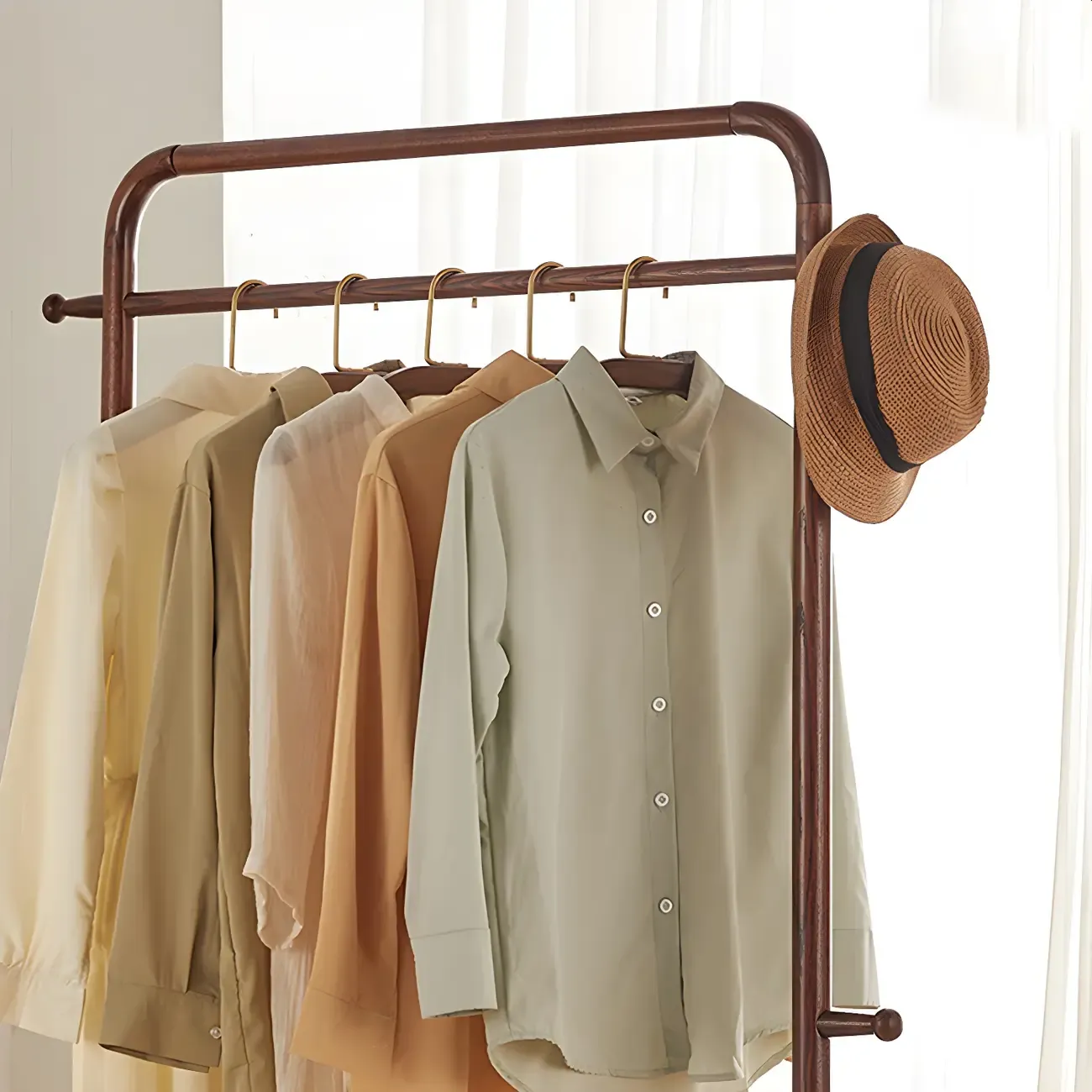 4/9 Hooks Brown Wooden Coat Rack with Storage Image - 13