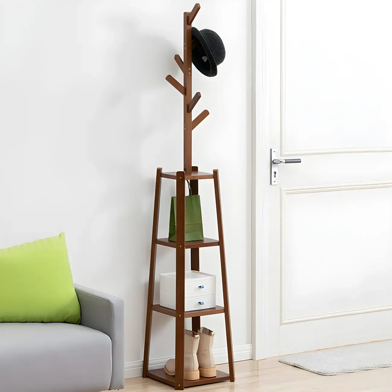 Modern Brown Wooden Hall Tree with 3 Shelves Image - 1