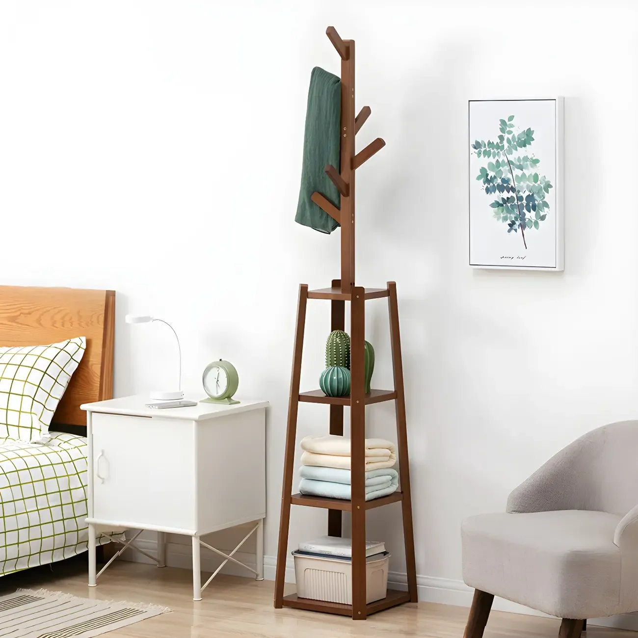 Modern Brown Wooden Hall Tree with 3 Shelves Image - 2