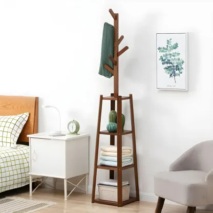 Modern Brown Wooden Hall Tree with 3 Shelves Image - 2