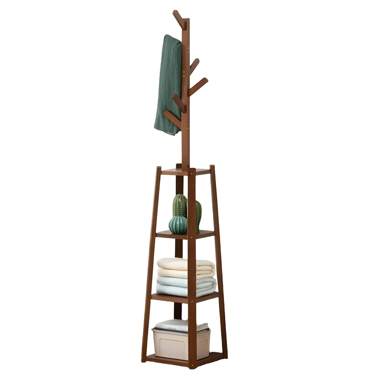 Modern Brown Wooden Hall Tree with 3 Shelves Image - 6