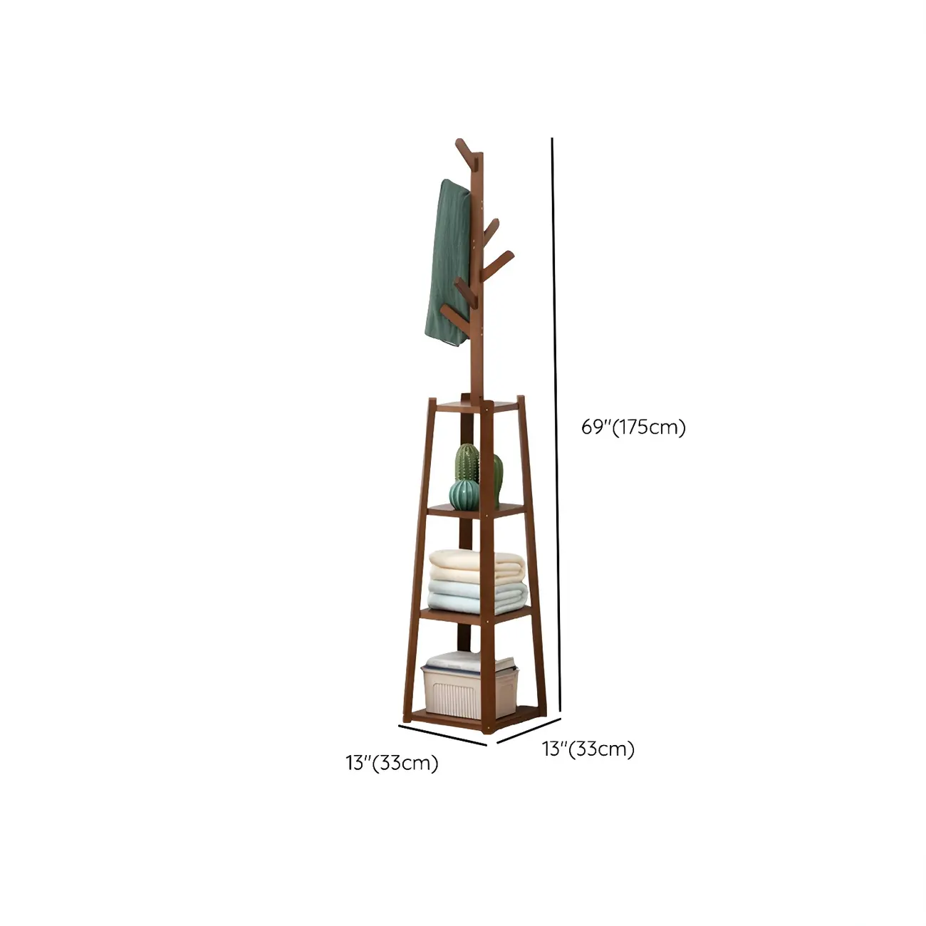 Modern Brown Wooden Hall Tree with 3 Shelves #size