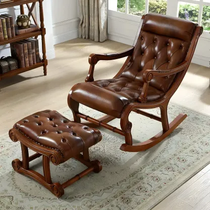 Vintage Upholstered Rocking Chair with Ottoman for Living Room Image - 2