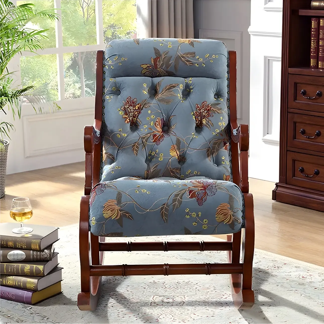 Vintage Upholstered Rocking Chair with Ottoman for Living Room Image - 4