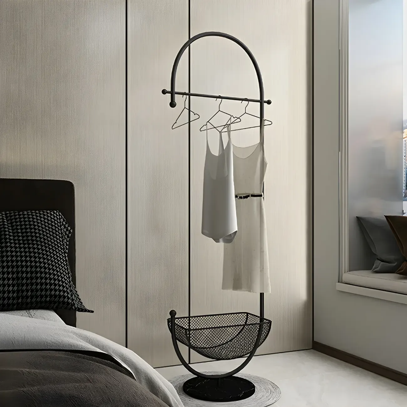 Curved Metal Coat Rack with Storage and Hooks Image - 1
