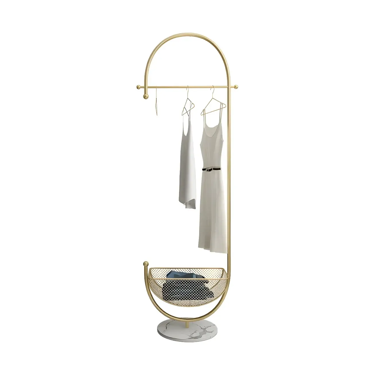 Curved Metal Coat Rack with Storage and Hooks Image - 2