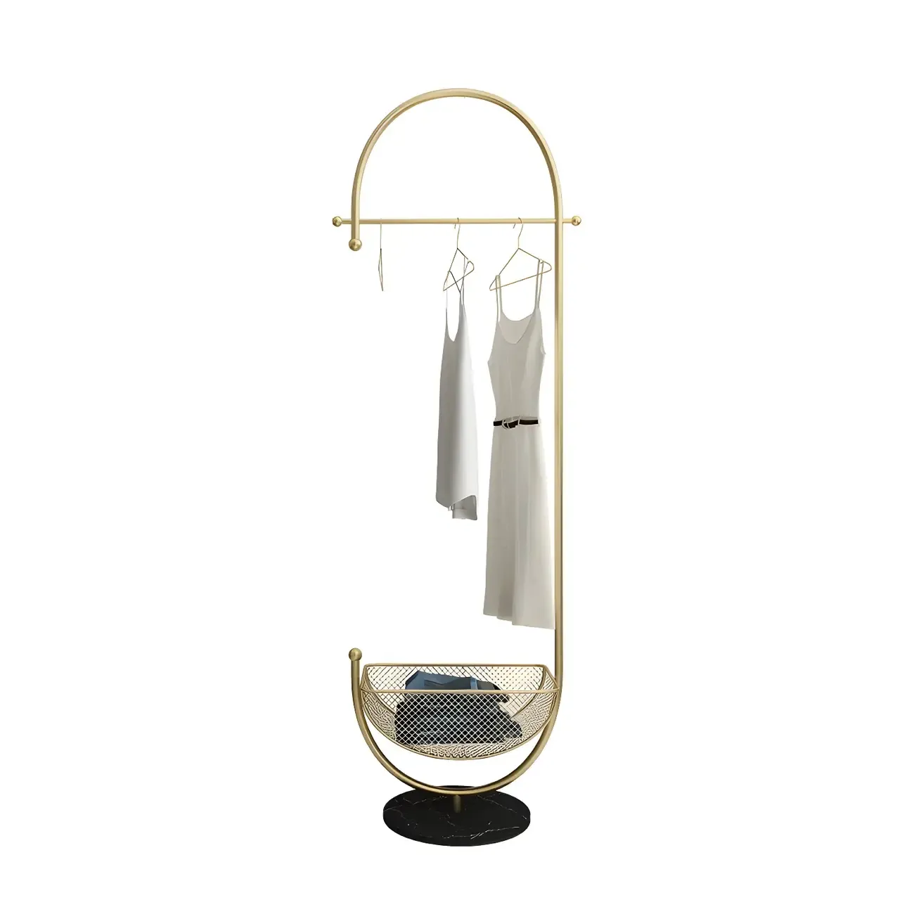 Curved Metal Coat Rack with Storage and Hooks Image - 3