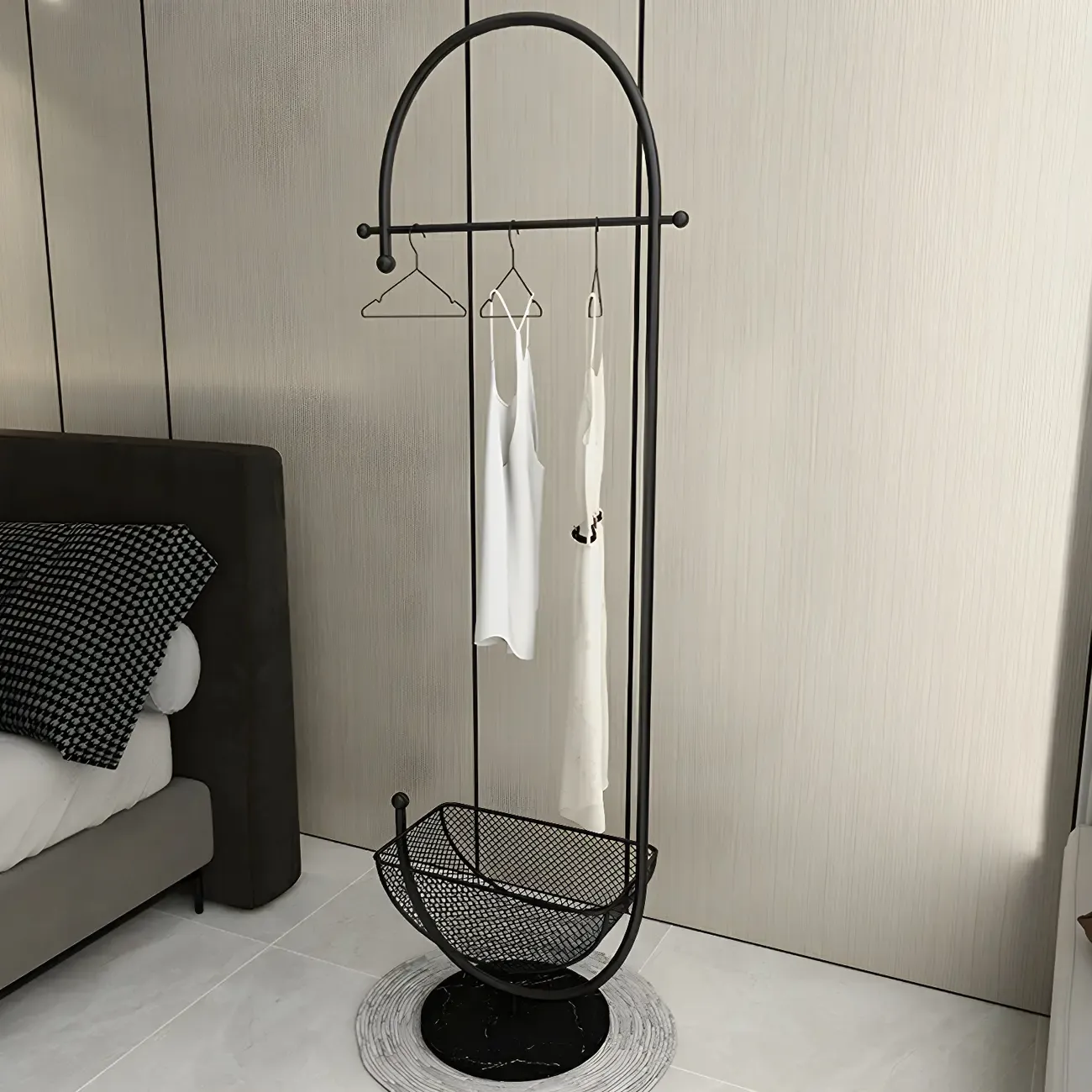 Curved Metal Coat Rack with Storage and Hooks Image - 4