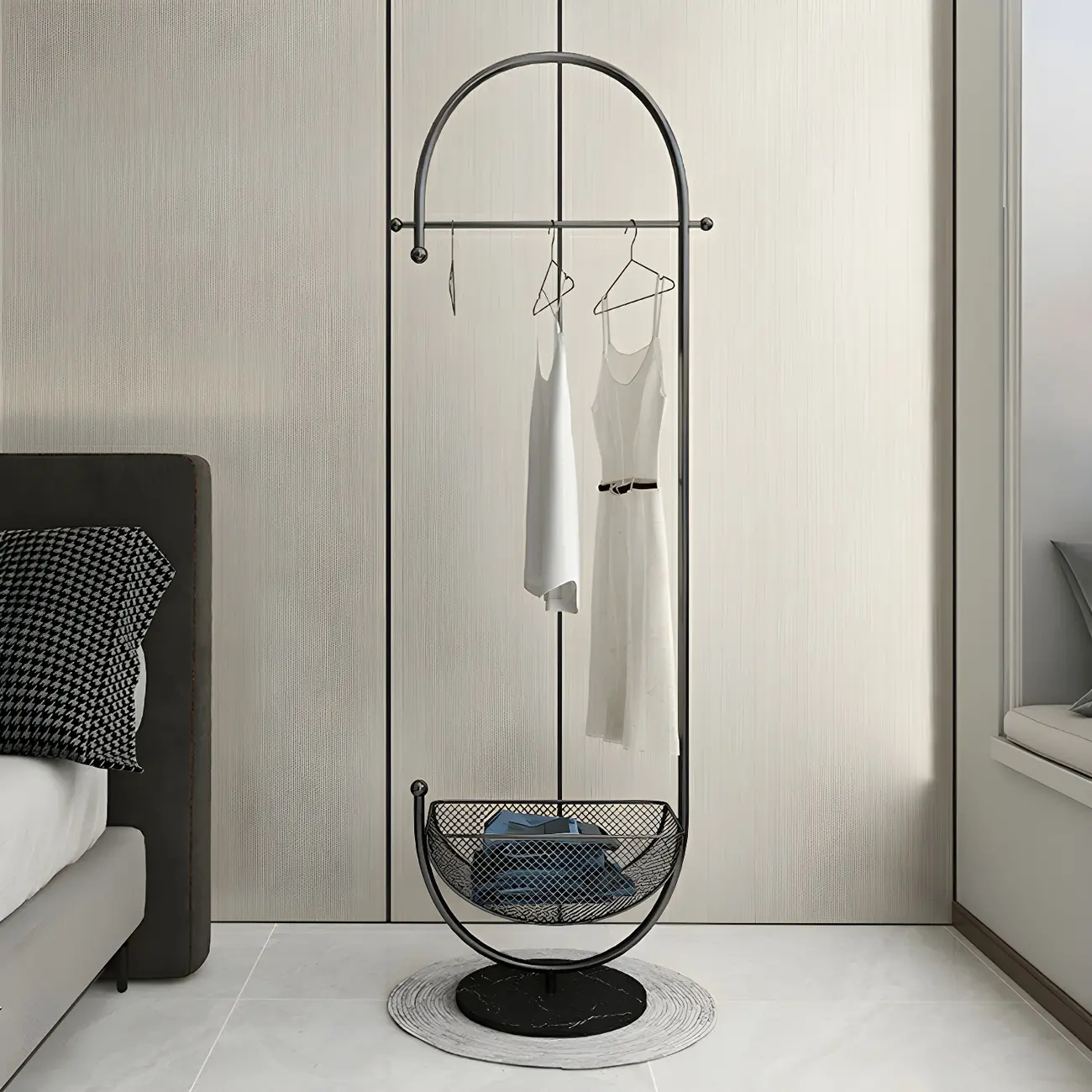 Curved Metal Coat Rack with Storage and Hooks Image - 5 | homeyfad