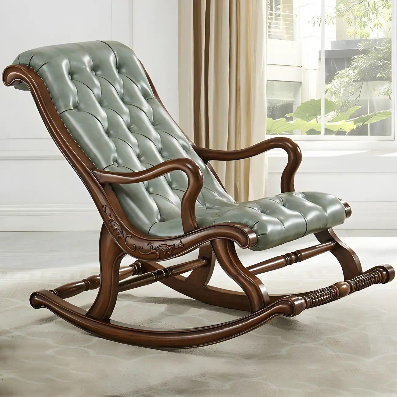 Rustic Wooden Rocking Chair with Blue Upholstery for Indoors Image - 1 | homeyfad