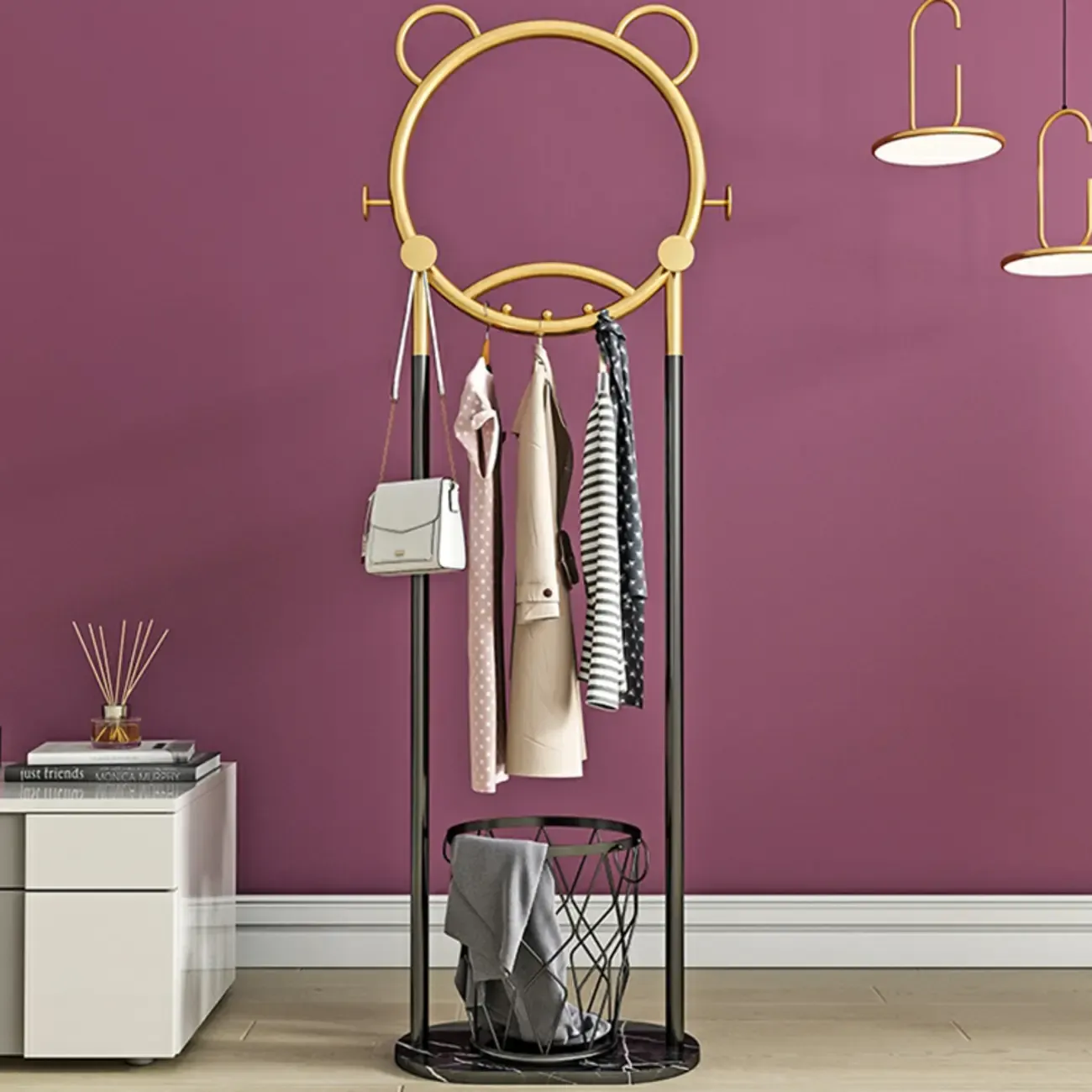 Elegant Metal Coat Rack with Hooks and Basket Image - 1