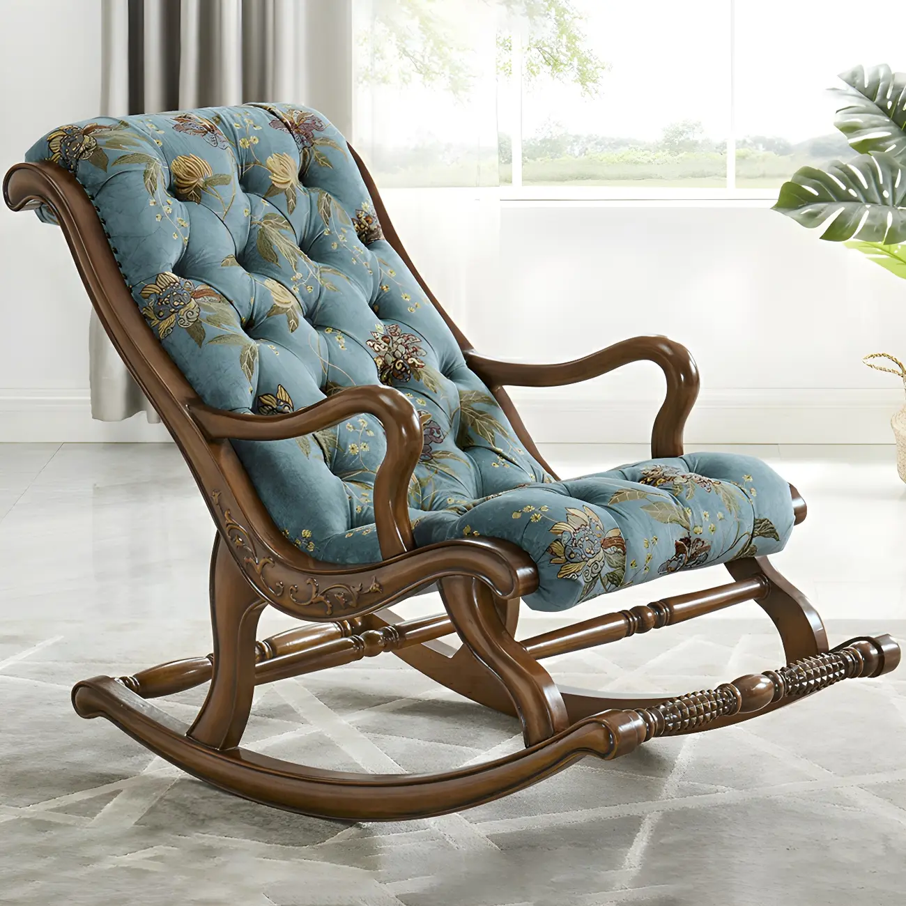 Rustic Wooden Rocking Chair with Blue Upholstery for Indoors Image - 2 | homeyfad