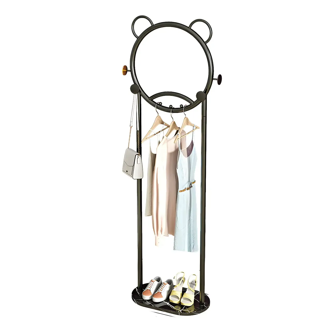 Elegant Metal Coat Rack with Hooks and Basket Image - 2
