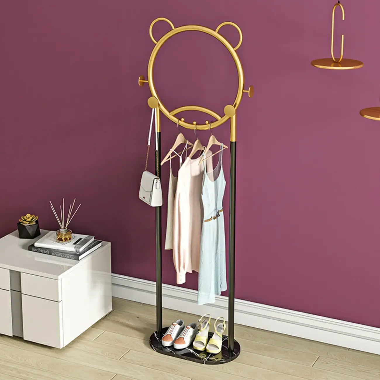 Elegant Metal Coat Rack with Hooks and Basket Image - 4