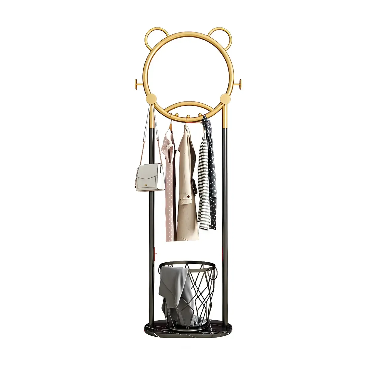 Elegant Metal Coat Rack with Hooks and Basket Image - 5