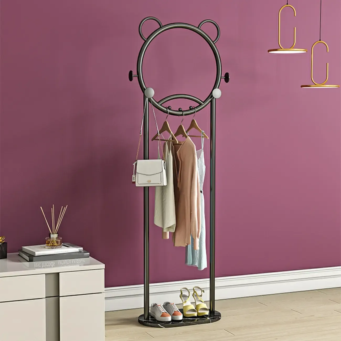 Elegant Metal Coat Rack with Hooks and Basket Image - 6